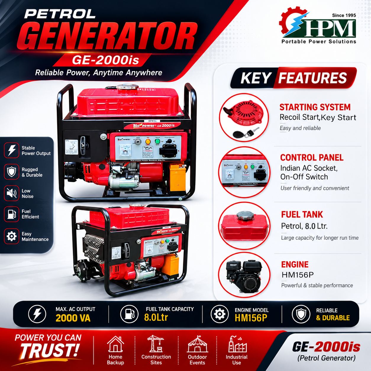 2 KVA Portable Inverter Petrol Generator Oasis UL-2000is - 13 Hours Runtime